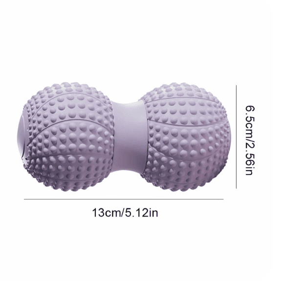 Purple peanut-shaped massage ball with a nubby texture, measuring 13cm long and 6.5cm wide.
