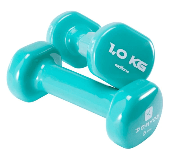 Two teal 1.0 kg Domyos dumbbells with a glossy finish on a white background.