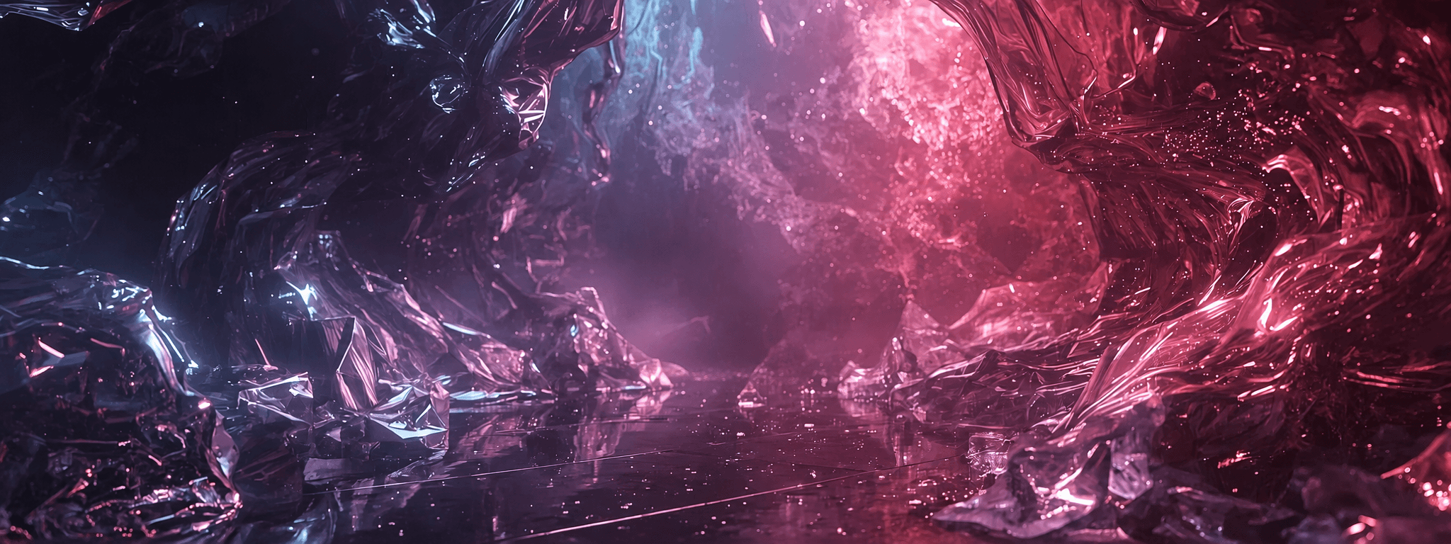 Abstract crystalline cave with crinkled, reflective walls glowing in vibrant pink and blue neon light.