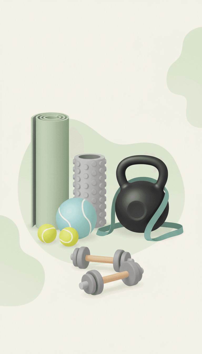 Flat lay of fitness equipment including a rolled yoga mat, foam roller, Pilates ball, tennis balls, resistance band, dumbbells, and kettlebell arranged on a neutral background