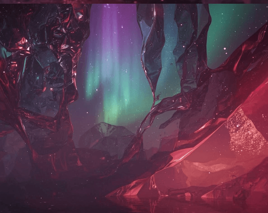 Translucent red crystal formations frame a vibrant green and purple aurora borealis over dark mountains.