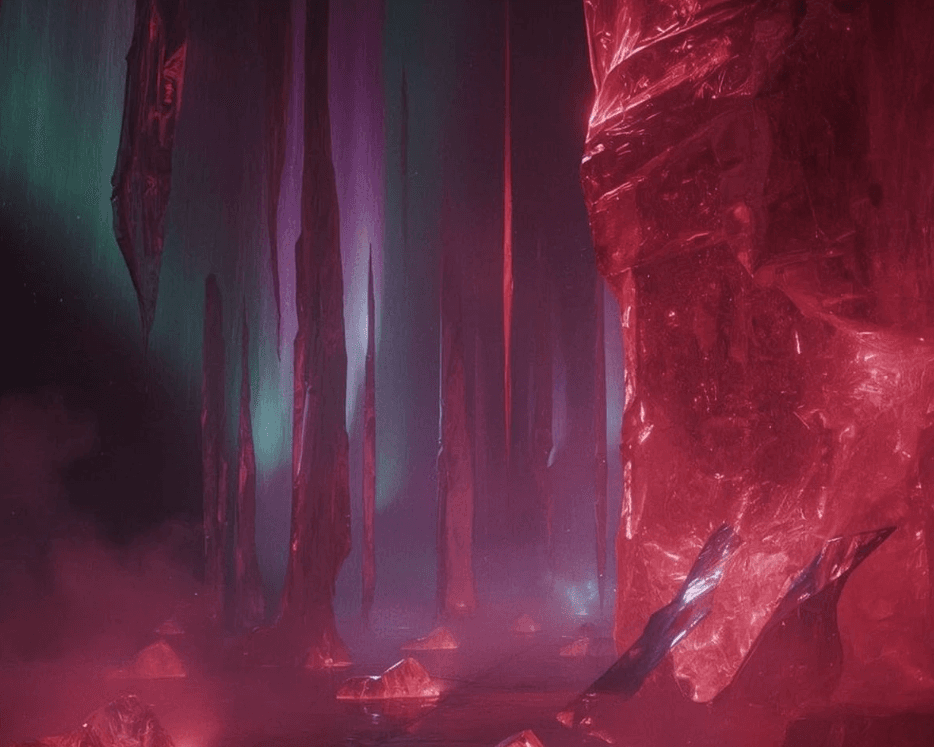 Towering red crystal formations in a misty cavern with ethereal green and purple background lights.